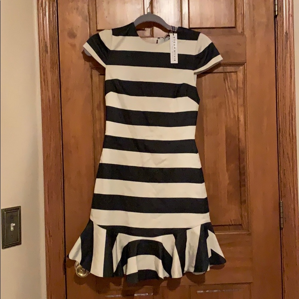 Alice and Olivia White and Blue Stripes Dress